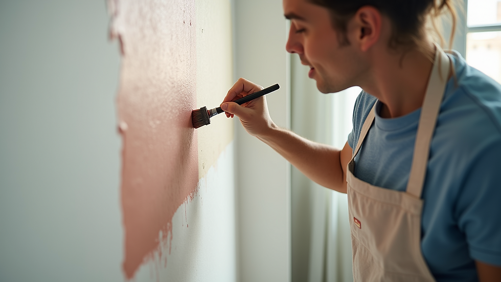 Close-up view of a professional painter applying color to a wall