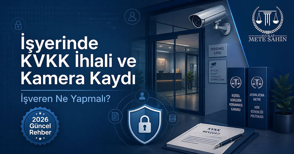 İşyerinde KVKK ihlali ve kamera kaydı hakkında işveren yükümlülüklerini anlatan Avukat Mete Şahin logolu 2026 rehber görseli