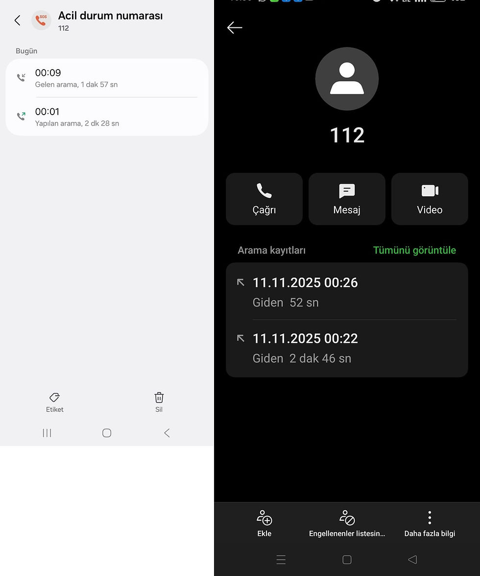 112 Acil'in defalarca aranması - Avukat Mete ŞAHİN 11.11.2025 giden arama kayıtları