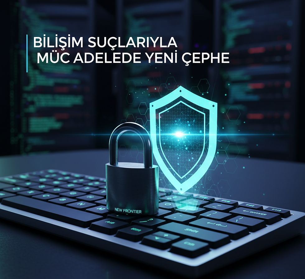 Bilişim suçlarıyla mücadele ve siber güvenliği simgeleyen klavye, dijital kalkan ve asma kilit görseli. Dijital suçlar ve hesap güvenliği temalı