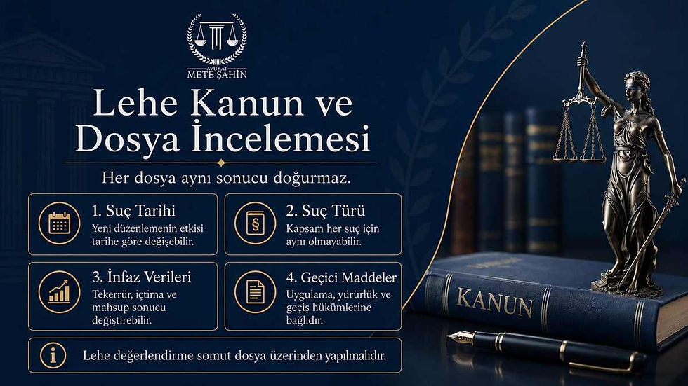 13. Yargı Paketi ve lehe kanun değerlendirmesinde suç tarihi, suç türü, infaz verileri ve geçici maddeleri gösteren infografik