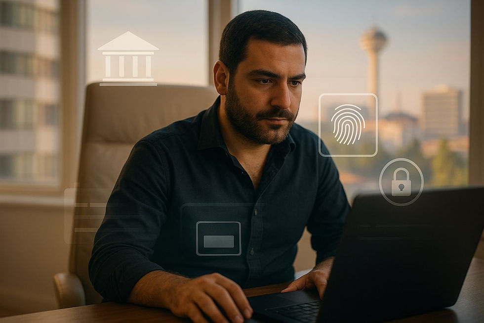 Ankara’da dijital bankacılık dolandırıcılığı ve 11. Yargı Paketi kapsamında biyometrik doğrulama düzenlemelerini analiz eden Avukat Mete Şahin’in ofisinde laptop başında çalışırken profesyonel portresi