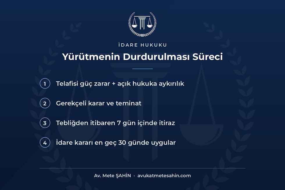 Yürütmenin durdurulması kararının şartlarını ve sürecini özetleyen bilgi görseli.