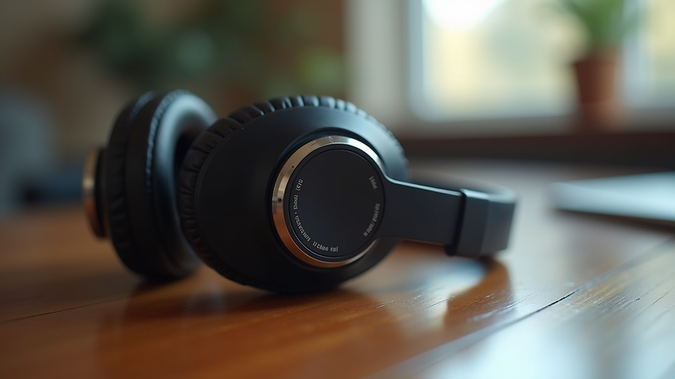 Close-up view of headphones resting on a wooden table