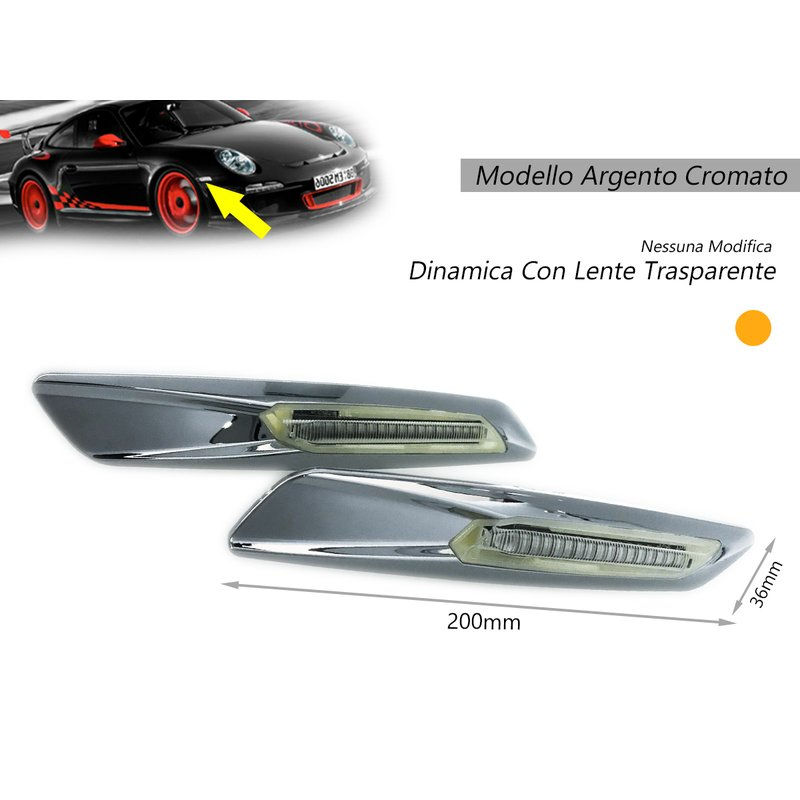 Kit Freccia Laterale a Led Side Marker Dinamica Argento Cromato Lente Trasparent