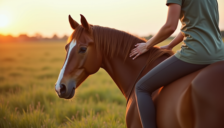 Close-up view of a horse receiving gentle energy healing outdoors