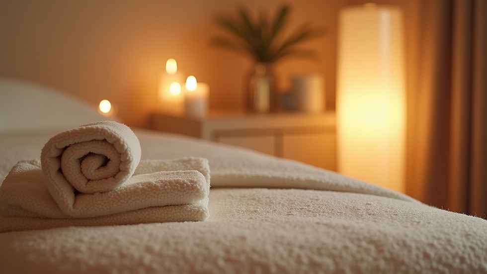 Close-up view of a relaxing massage room with soft lighting and calming decor