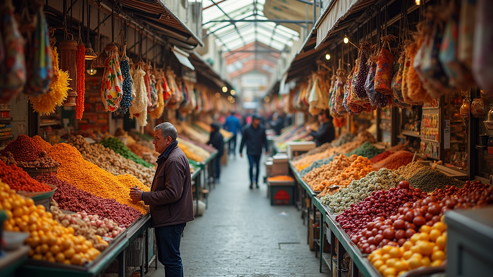 High angle view of colorful stalls inside Mercado do Bolhão
