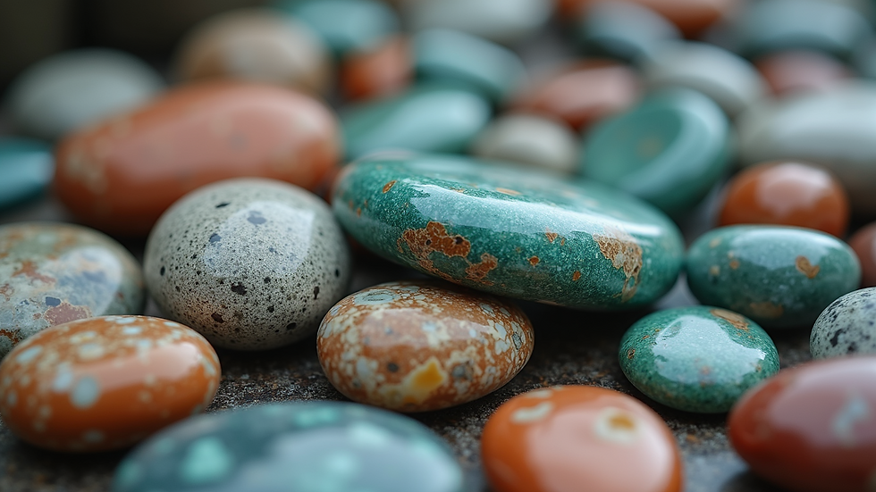 Eye-level view of colorful Ocean Jasper stones in a natural setting