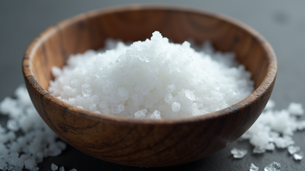 Close-up view of a bowl filled with sea salt crystals