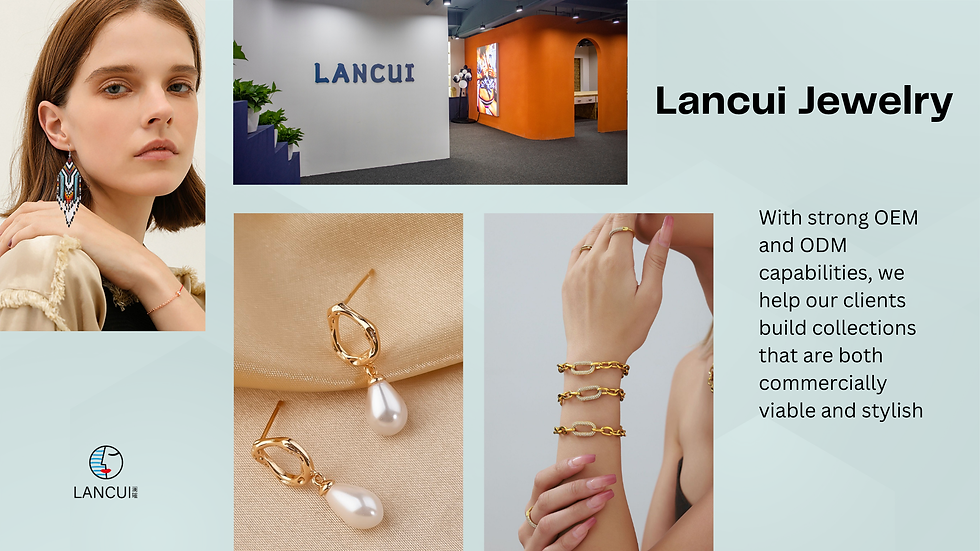 Model wearing jewelry, close-up of earrings and bracelets. "Lancui" and "Lancui Jewelry" text on light blue background. Elegant mood.