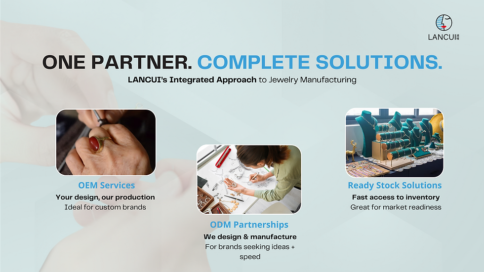 Jewelry manufacturing ad shows craftsmanship, design sketches, and ready stock. Text: "ONE PARTNER. COMPLETE SOLUTIONS." Blue theme.