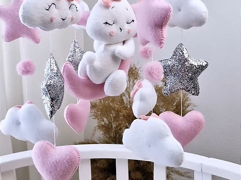 الصورة المصغرة: Personalized Rabbit and Clouds Baby Mobile Nursery Decor Baby Girl and Boy Room