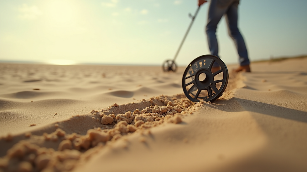 Wide angle view of metal detector on sand