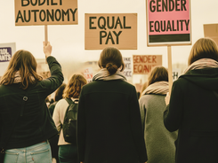 Women standing together holding protest signs that read “Equal Rights,” “Bodily Autonomy,” and “Equal Pay.” The image conveys solidarity, strength, and a call for justice.