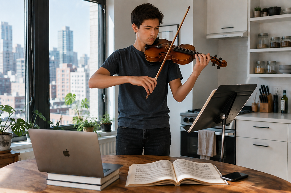 A young person plays the violin in a modern kitchen with city views. A laptop and sheet music are on the table, creating a focused mood.