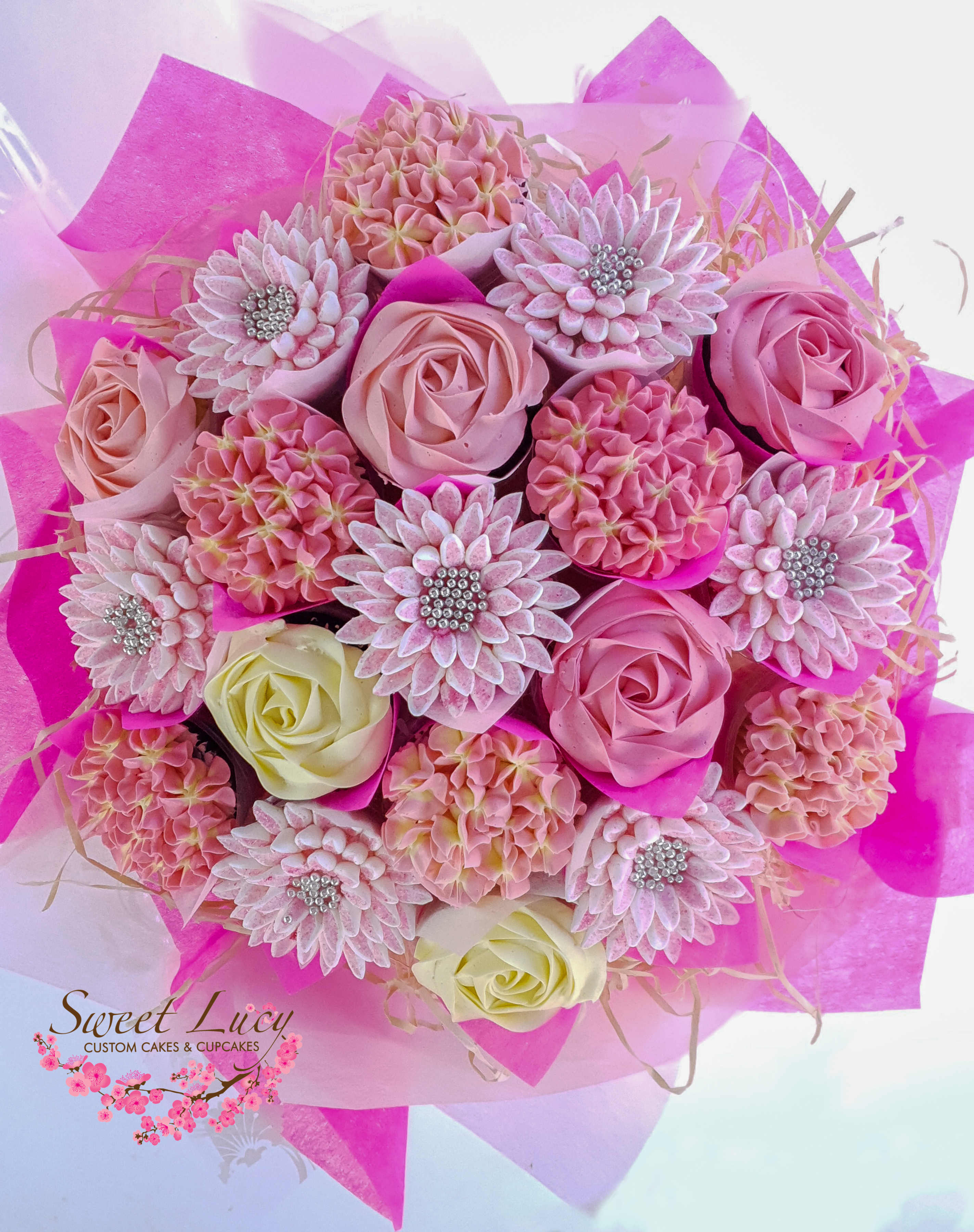 19 Cupcake Bouquet - Mixed Blooms - Pink