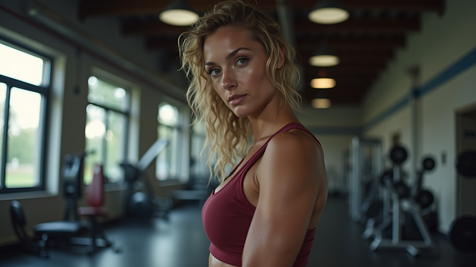 Eye-level view of a female bodybuilder posing in a gym