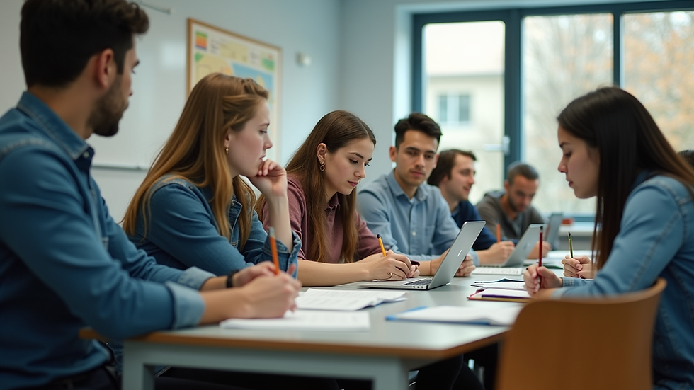 Eye-level view of a diverse classroom with students engaged in group work