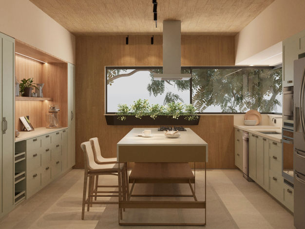 cozinha aconchegante em tons de verde e madeira 