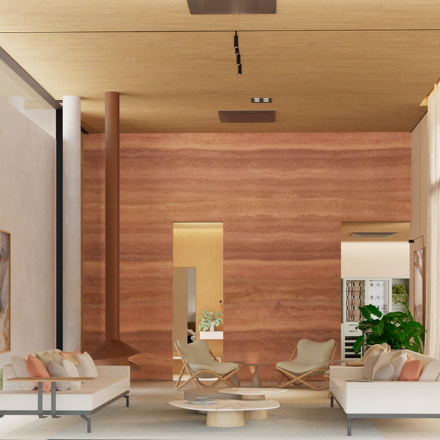 parede de terra  é destaque na sala