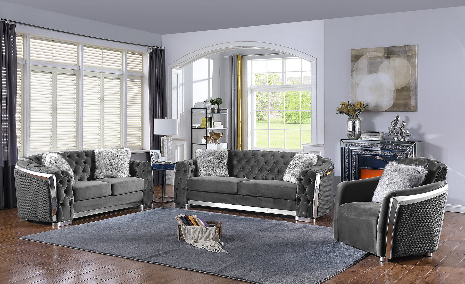 Gray And Silver Velvet 3pcs Sofa Set