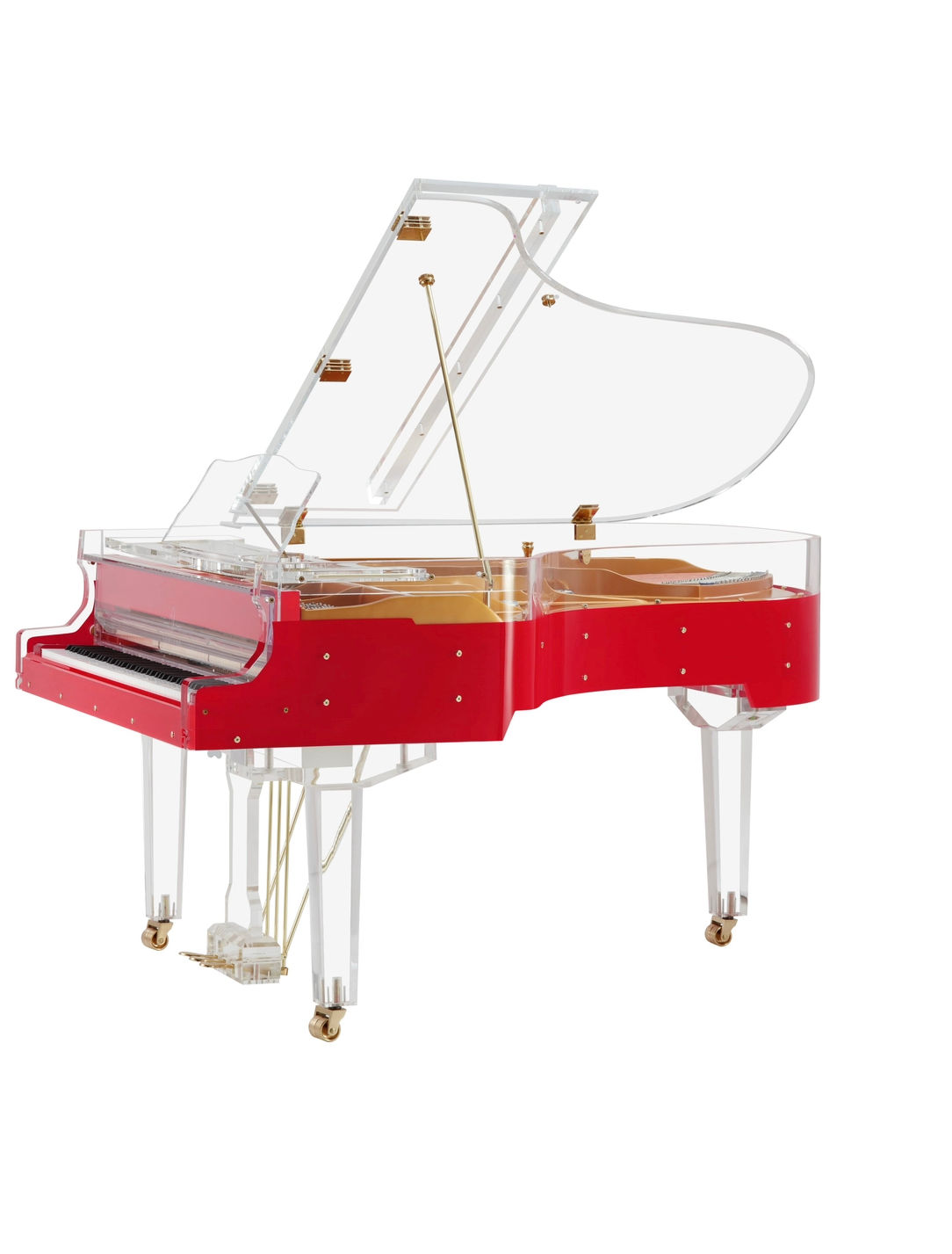 Custom Red Acrylic Transparent Self Playing Piano With Gold Accents 