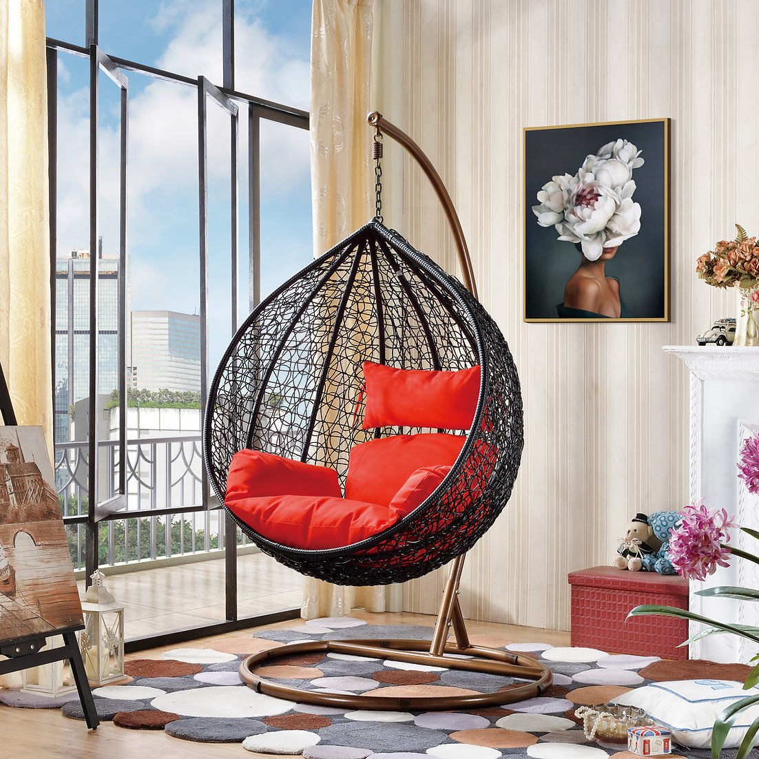 OUTDOOR RED HANGING BASKET SWING EGG CHAIR