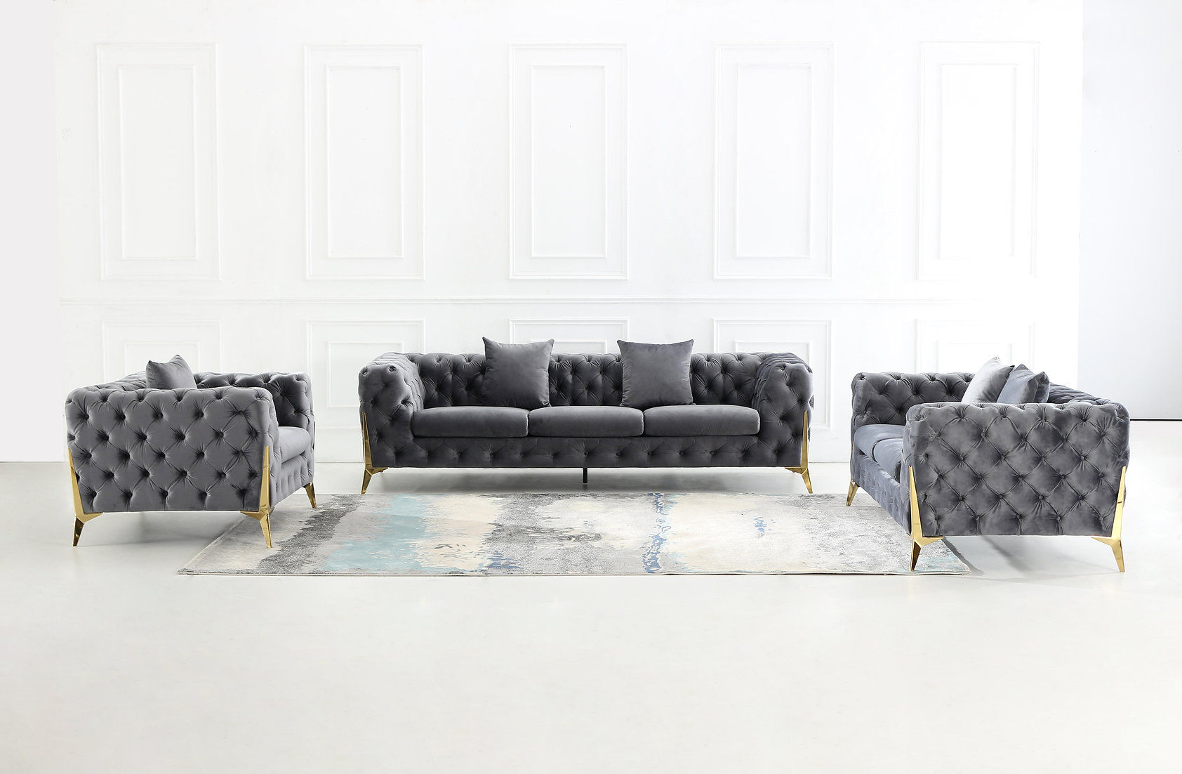 Gray And Gold Velvet 3pcs Sofa Set 