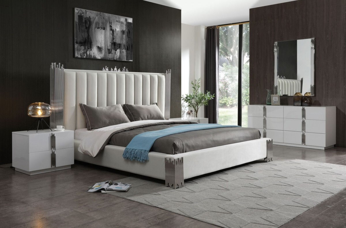 Modern Cream & Stainless Steel E.King Size Bed