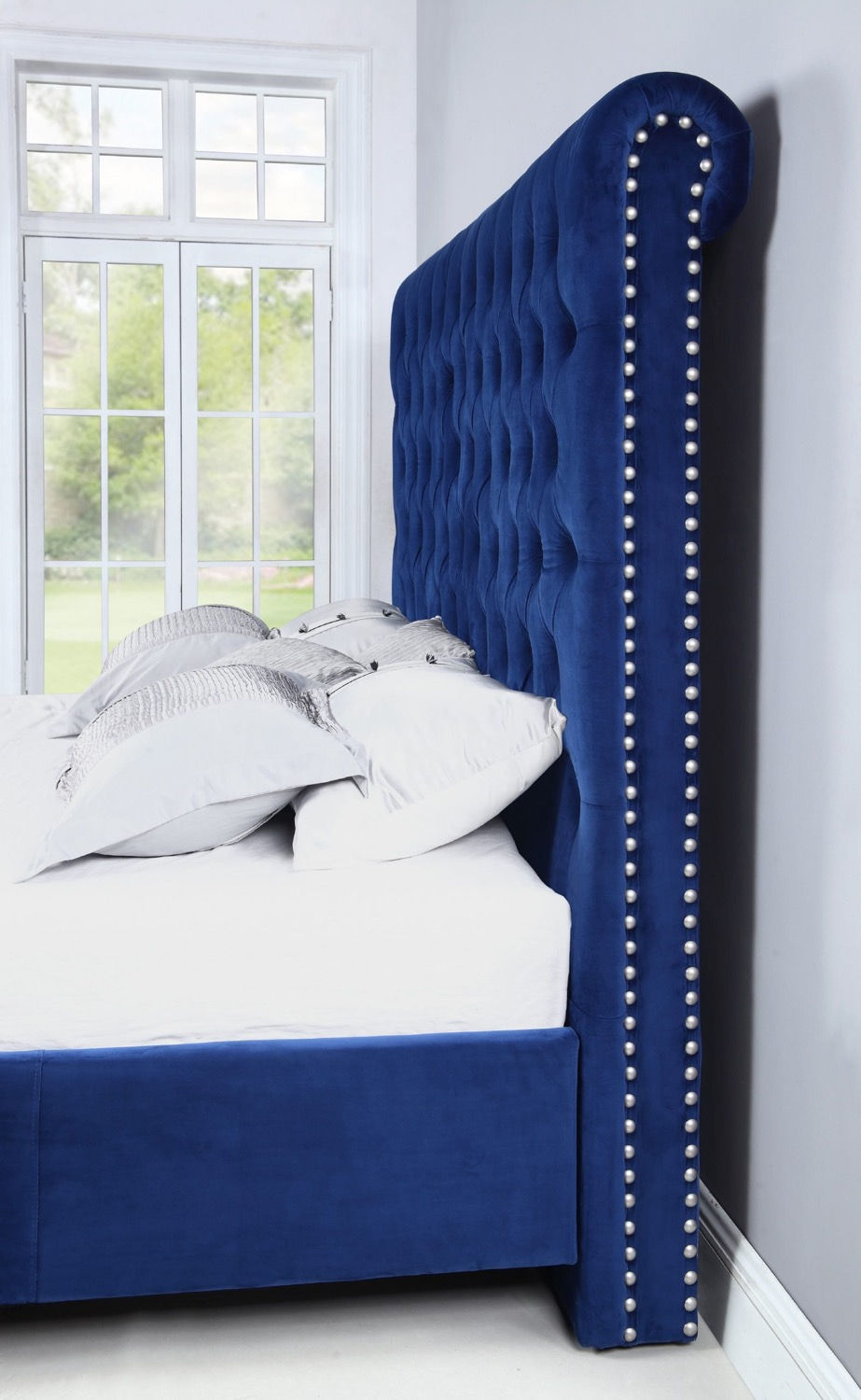 Thumbnail: Navy Blue Velvet Panel Bed with Acrylic Feet Eastern King Size 