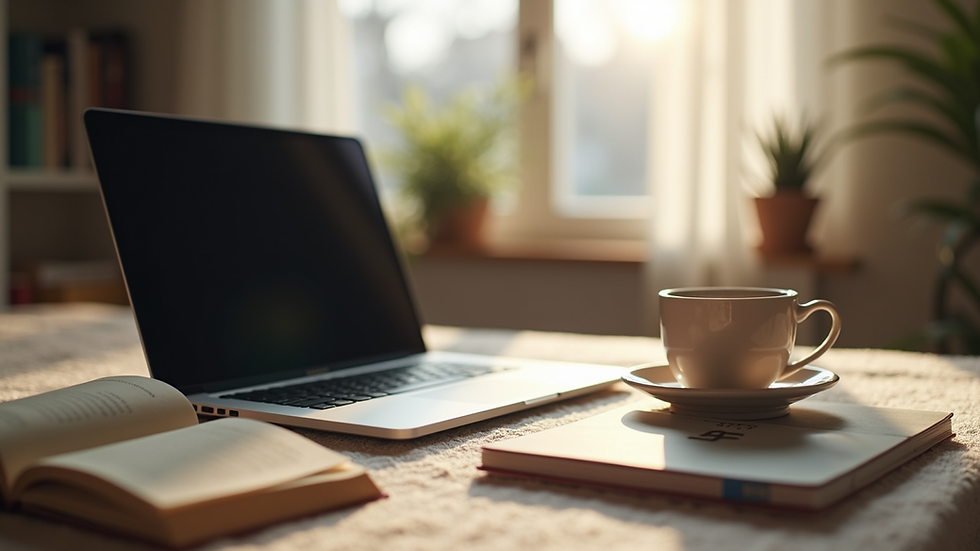 Eye-level view of a cozy home office setup with a laptop and a cup of tea