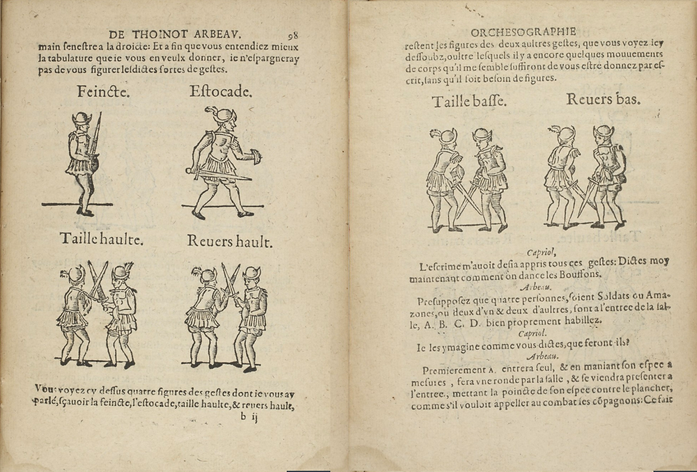 Arbeau's six sword gestures for Bouffons or Mattichins, 1588