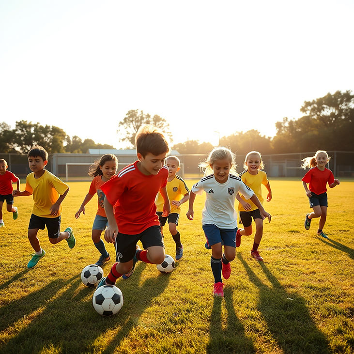 Create a cinematic background video of kids playing youth soccer on a sunny field in South