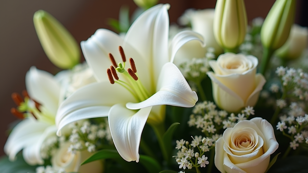 Close-up view of a traditional funeral flower arrangement featuring white lilies and roses