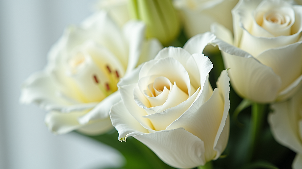 Close-up view of a beautiful arrangement of white lilies and roses