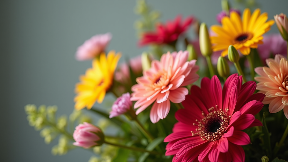 Close-up view of a vibrant floral arrangement featuring colorful funeral flowers