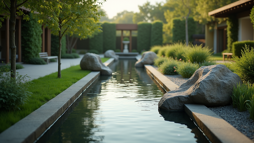 High angle view of a tranquil water feature in a landscaped garden