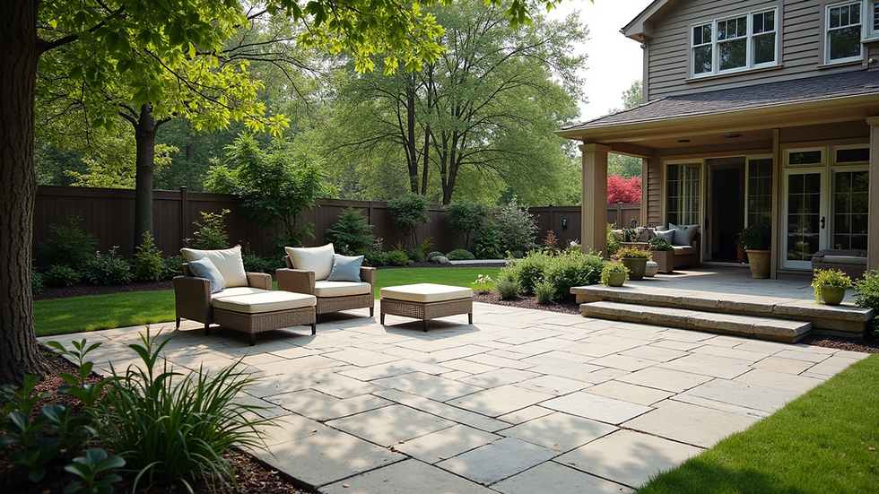 Eye-level view of a backyard with a newly installed stone patio and seating area