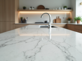 a polished quartz worktop displaying natural patterns