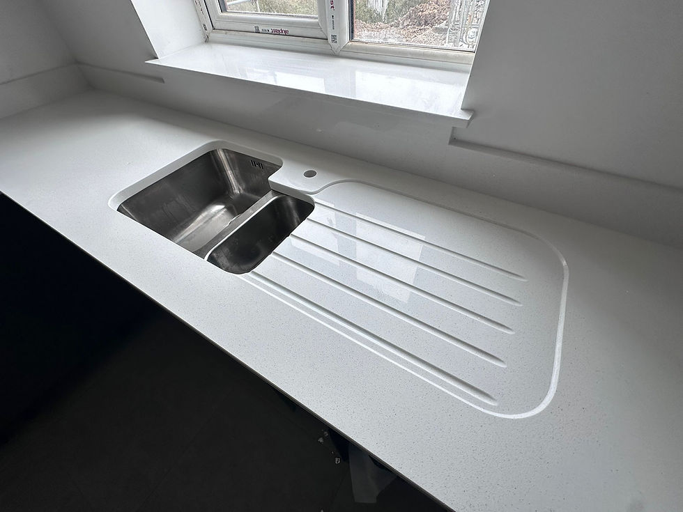 Inset drainers and grooves are integrated into the quartz kitchen worktops