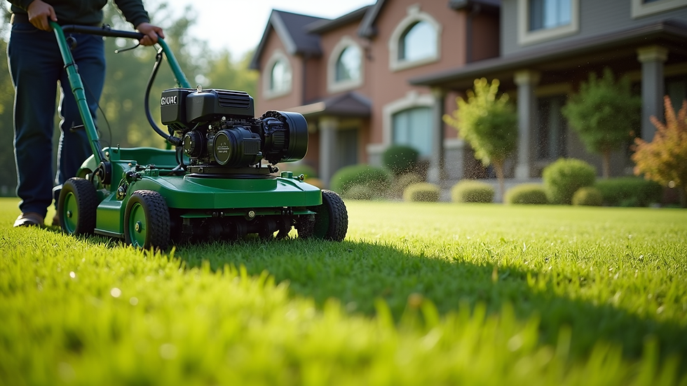 High angle view of a lawn care professional operating an aeration machine on a residential lawn