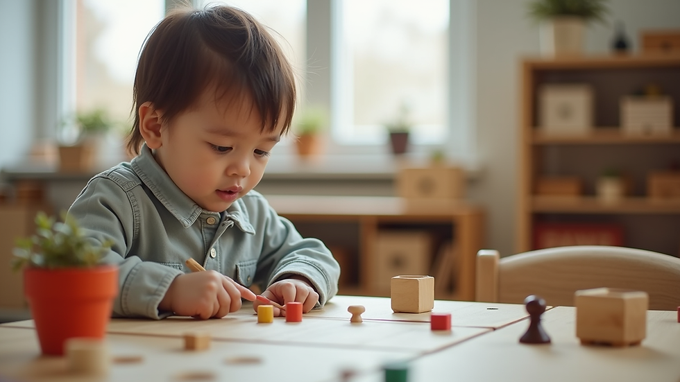 Eye-level view of Montessori classroom with child exploring educational materials