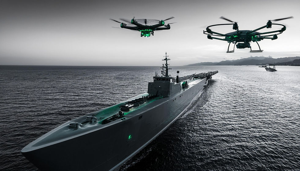 Firefly sleek black and white image of defense Unmanned surface vessels connected to drone