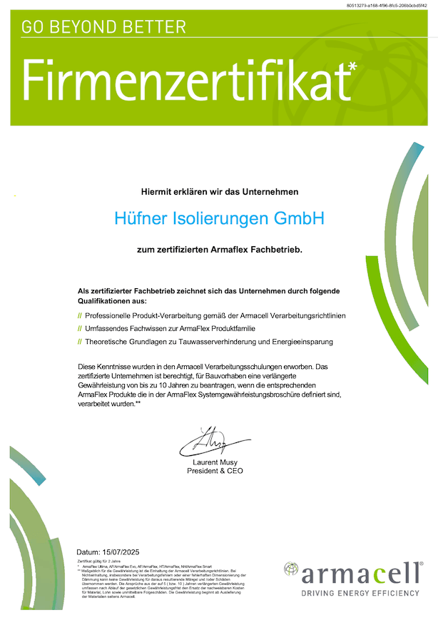 Offizielles Armaflex-Zertifikat für die Hüfner Isolierungen GmbH – ausgezeichnet als zertifizierter Fachbetrieb für professionelle Dämmtechnik und ArmaFlex-Systeme.