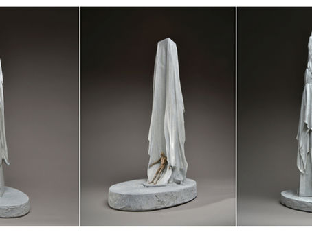 3 images of bronze and polymer sculptures.