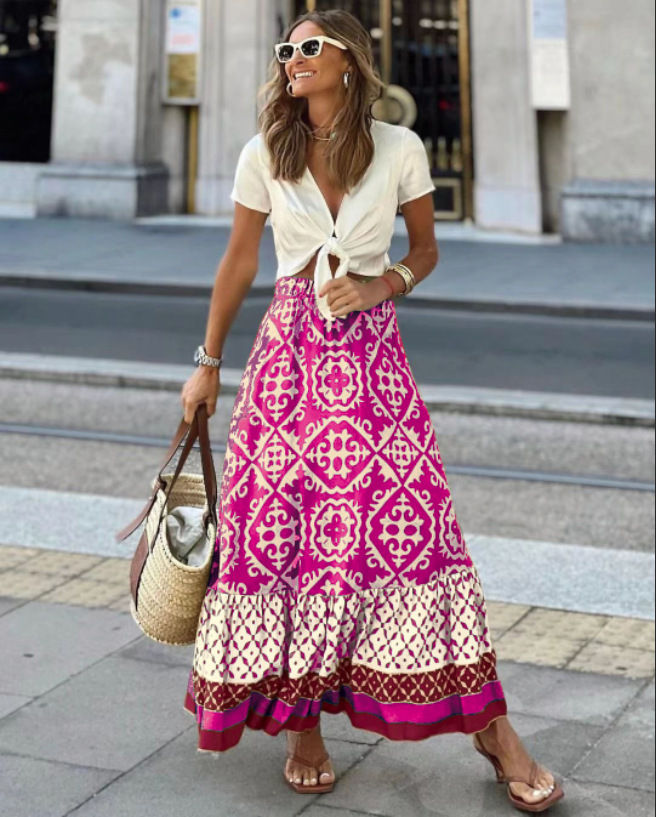 Miniatura: Gonna midi donna stampata con vita elastica, ampia, stile boho con inserti