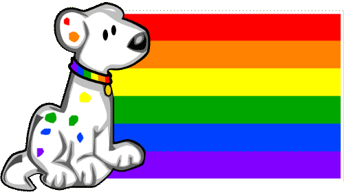 A graphic of a dog with a pride flag