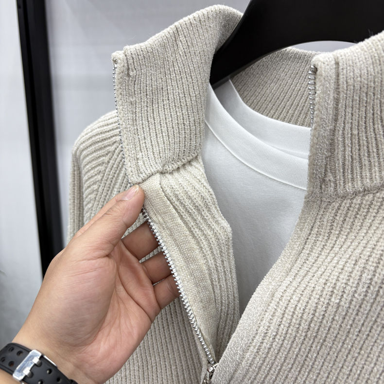 Thumbnail: Winter Men's Stand Collar Half-zip Knitted Shirt, Fashionable Stitching, Versati