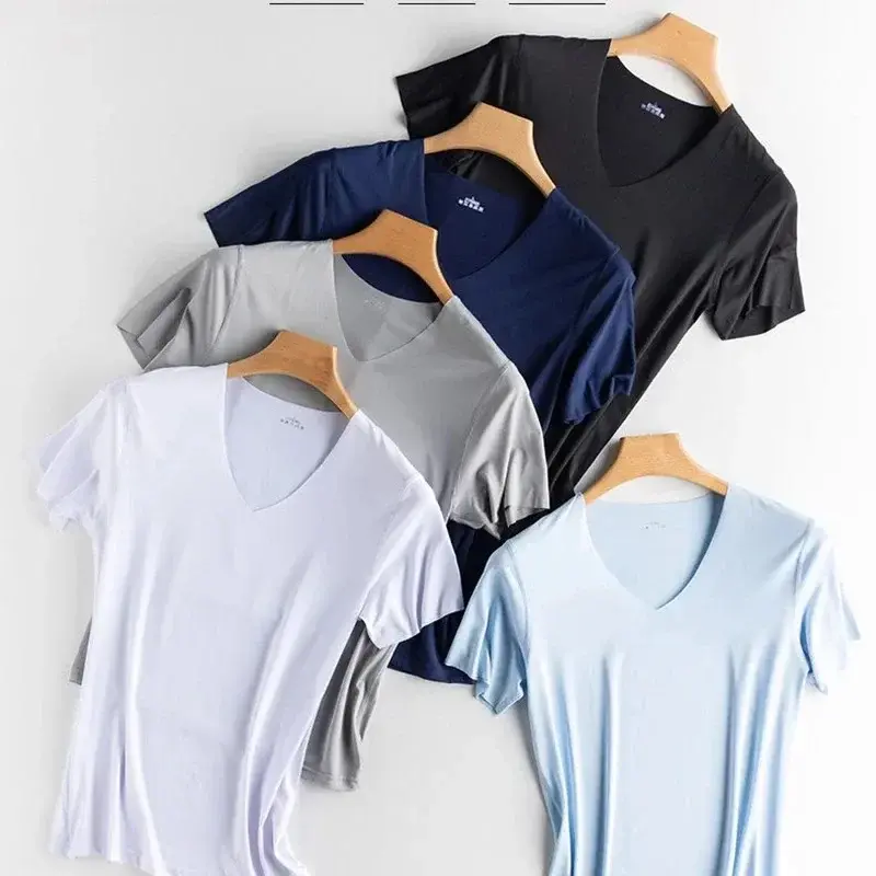 Men's Ice Silk Thin Cool Feeling V-Neck Large Size Men T-Shirt Short Sleeve Loos